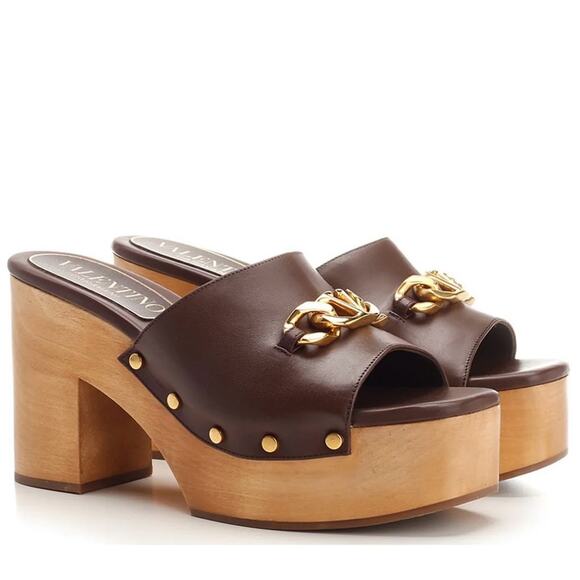 VALENTINO V Logo Chain Open Toe Platform Mules Brown Leather Wooden Heel 8.5 NEW - Picture 15 of 15